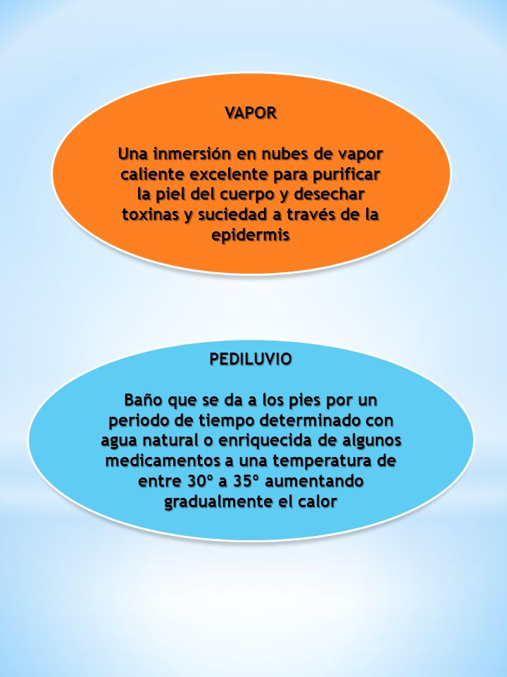 VAPOR Una inmersión en nubes de vapor caliente excelente para purificar la piel del cuerpo y desechar toxinas y suciedad a través de la epidermis.