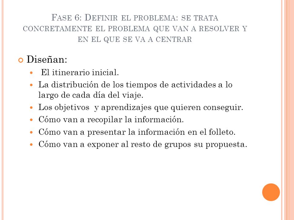 Fase 6: Definir el problema: se trata concretamente el problema que van a resolver y en el que se va a centrar