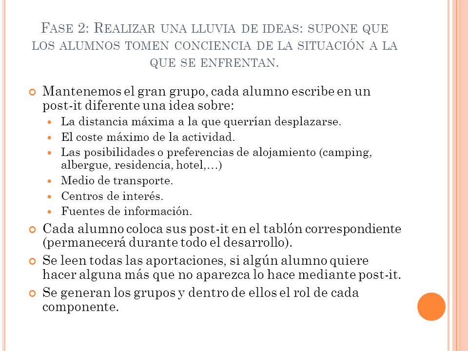 Fase 2: Realizar una lluvia de ideas: supone que los alumnos tomen conciencia de la situación a la que se enfrentan.