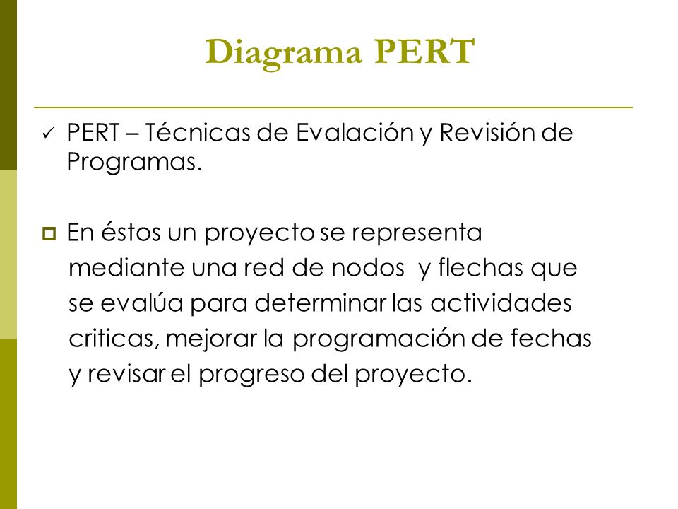 Diagrama PERT PERT – Técnicas de Evalación y Revisión de Programas.