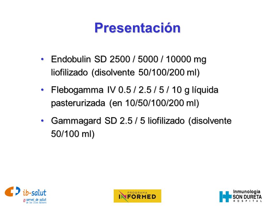 Presentación Endobulin SD 2500 / 5000 / mg liofilizado (disolvente 50/100/200 ml)