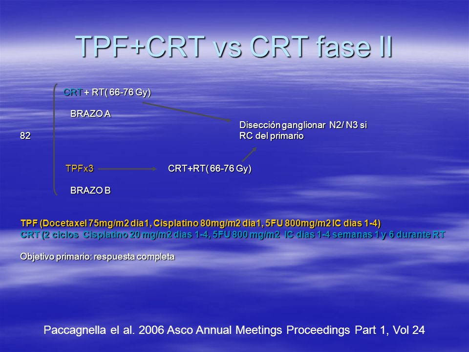 TPF+CRT vs CRT fase II CRT + RT( Gy) BRAZO A. Disección ganglionar N2/ N3 si.