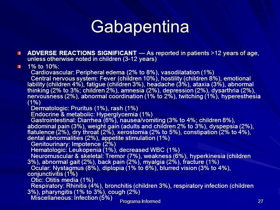 Gabapentina ADVERSE REACTIONS SIGNIFICANT — As reported in patients >12 years of age, unless otherwise noted in children (3-12 years)