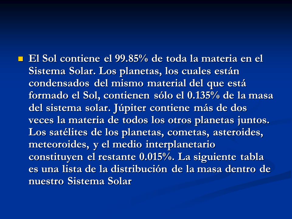 El Sol contiene el % de toda la materia en el Sistema Solar