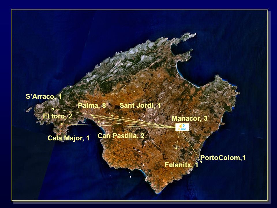 S’Arraco, 1 Palma, 8. Sant Jordi, 1. El toro, 2. Manacor, 3. Can Pastilla, 2. Cala Major, 1. PortoColom,1.