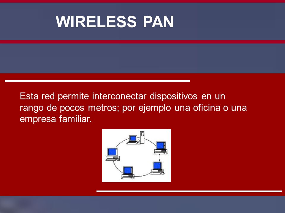 WIRELESS PAN Esta red permite interconectar dispositivos en un rango de pocos metros; por ejemplo una oficina o una empresa familiar.
