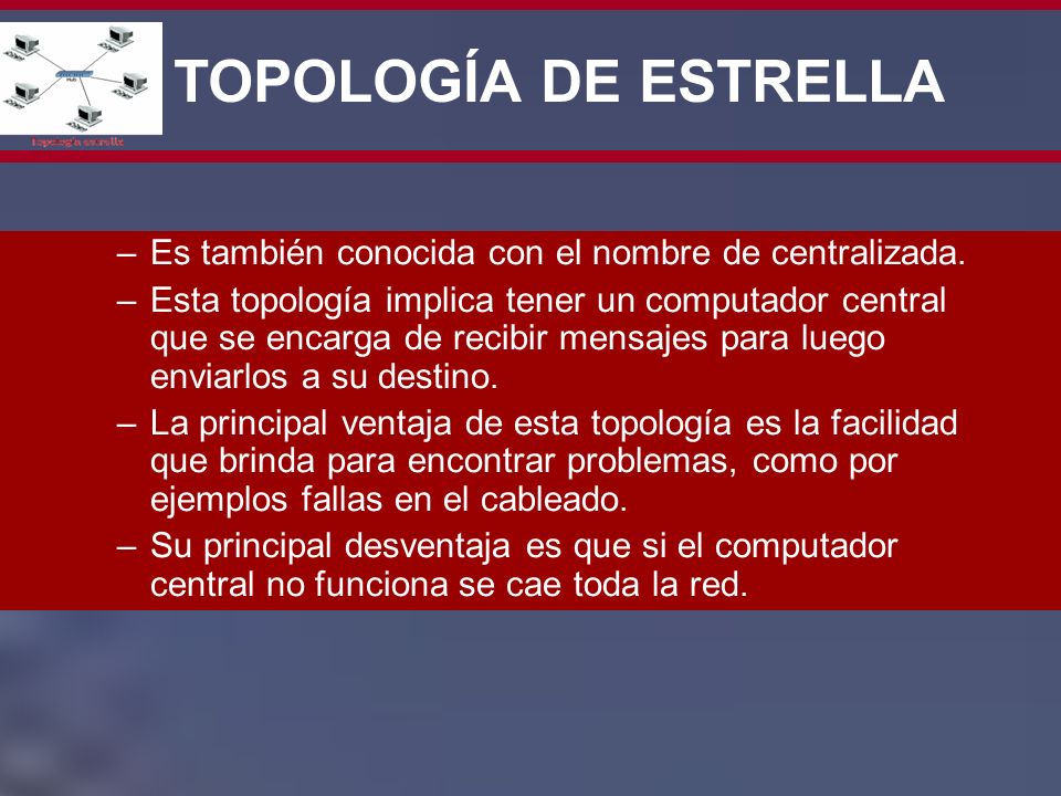 TOPOLOGÍA DE ESTRELLA Es también conocida con el nombre de centralizada.