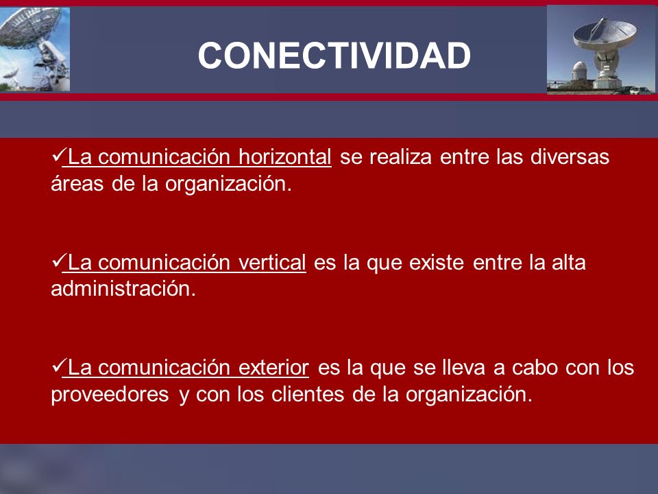 CONECTIVIDAD La comunicación horizontal se realiza entre las diversas áreas de la organización.