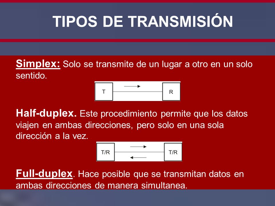 TIPOS DE TRANSMISIÓN Simplex: Solo se transmite de un lugar a otro en un solo sentido.