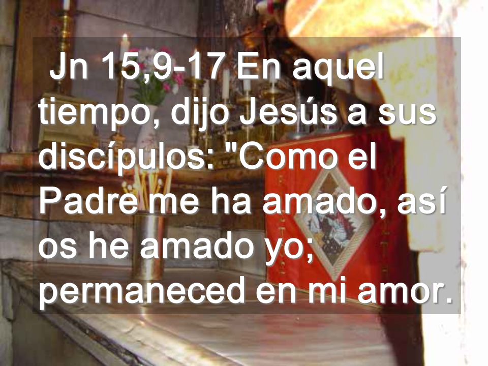 Jn 15,9-17 En aquel tiempo, dijo Jesús a sus discípulos: Como el Padre me ha amado, así os he amado yo; permaneced en mi amor.