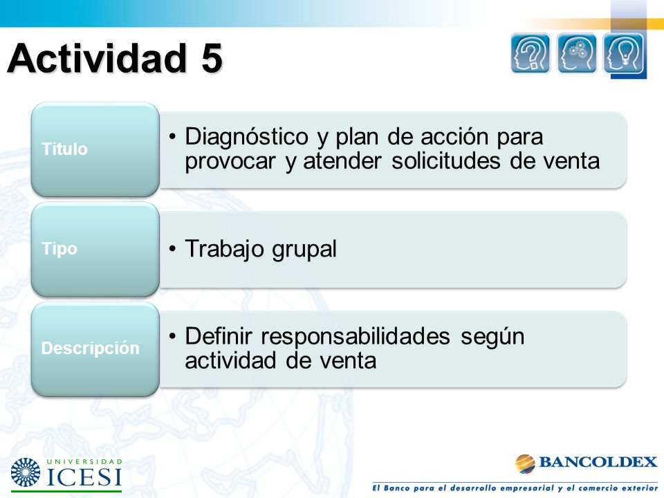 Actividad 5 Titulo. Diagnóstico y plan de acción para provocar y atender solicitudes de venta. Tipo.