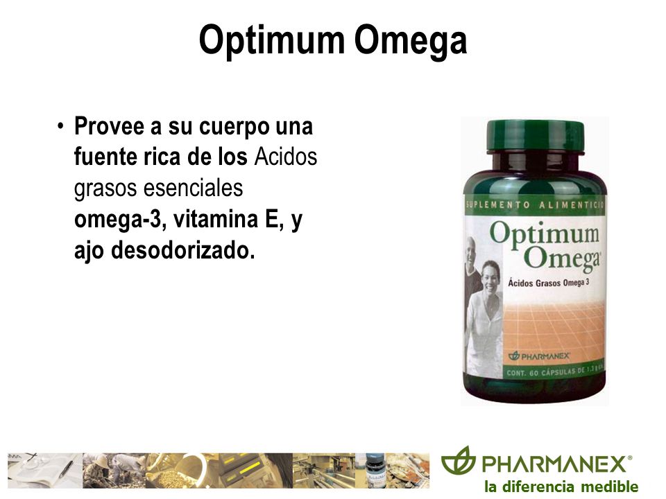 Optimum Omega Provee a su cuerpo una fuente rica de los Acidos grasos esenciales omega-3, vitamina E, y ajo desodorizado.