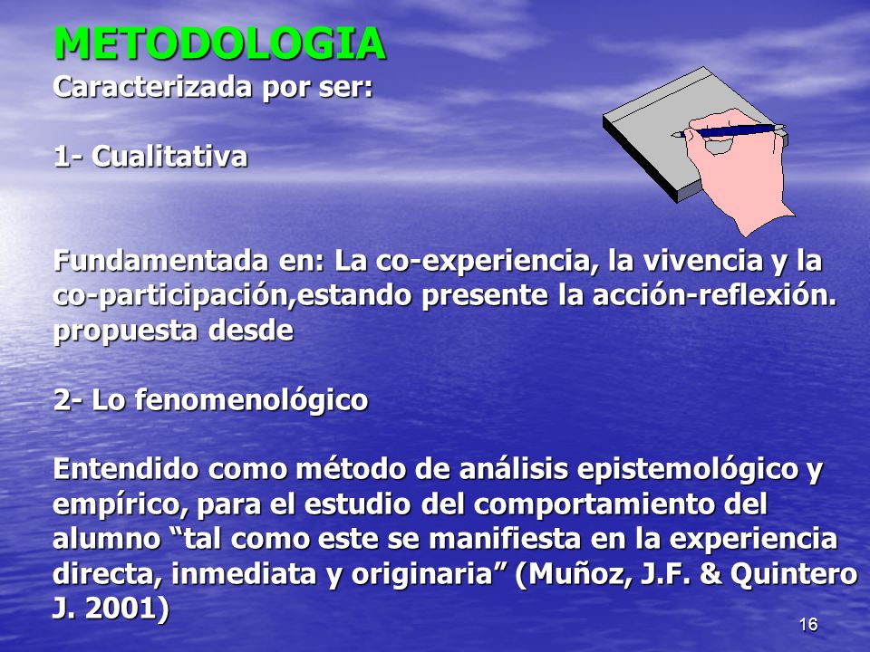 METODOLOGIA Caracterizada por ser: 1- Cualitativa Fundamentada en: La co-experiencia, la vivencia y la co-participación,estando presente la acción-reflexión.
