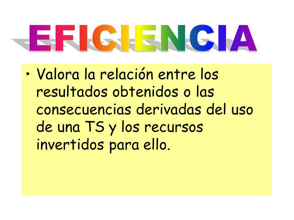 EFICIENCIA Valora la relación entre los resultados obtenidos o las consecuencias derivadas del uso de una TS y los recursos invertidos para ello.