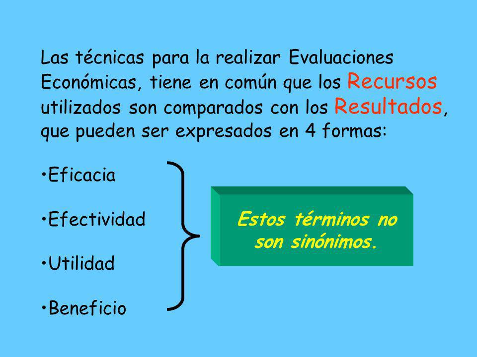 Las técnicas para la realizar Evaluaciones Económicas, tiene en común que los Recursos utilizados son comparados con los Resultados, que pueden ser expresados en 4 formas: