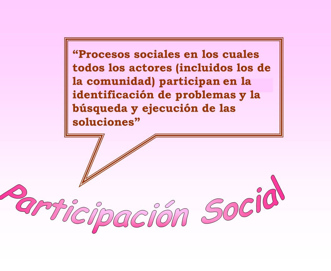 Procesos sociales en los cuales todos los actores (incluidos los de la comunidad) participan en la identificación de problemas y la búsqueda y ejecución de las soluciones