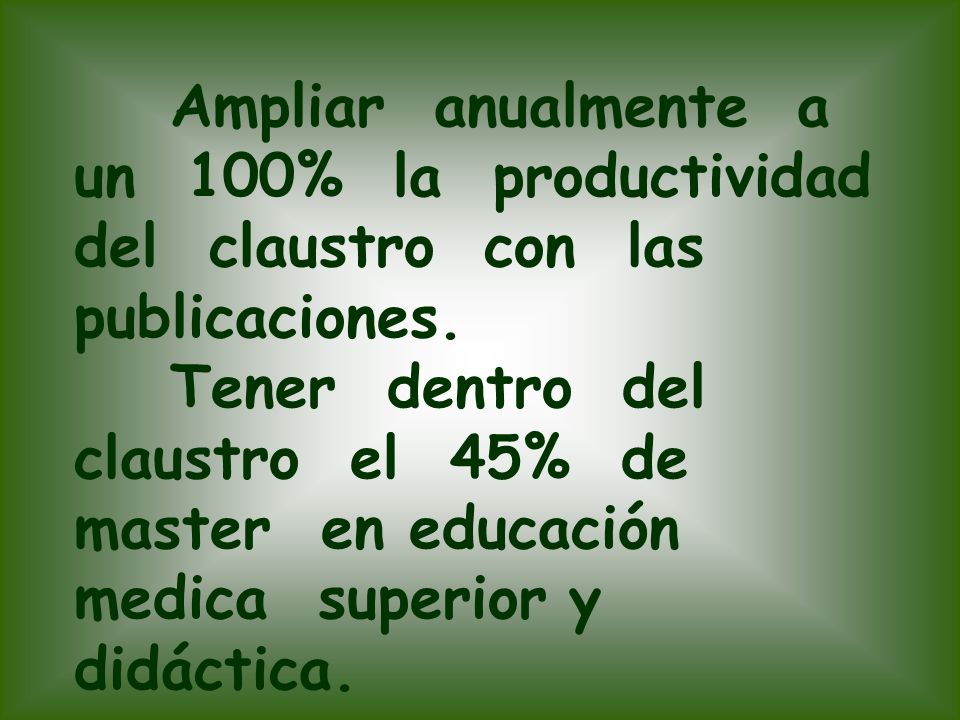 Ampliar anualmente a un 100% la productividad del claustro con las publicaciones.