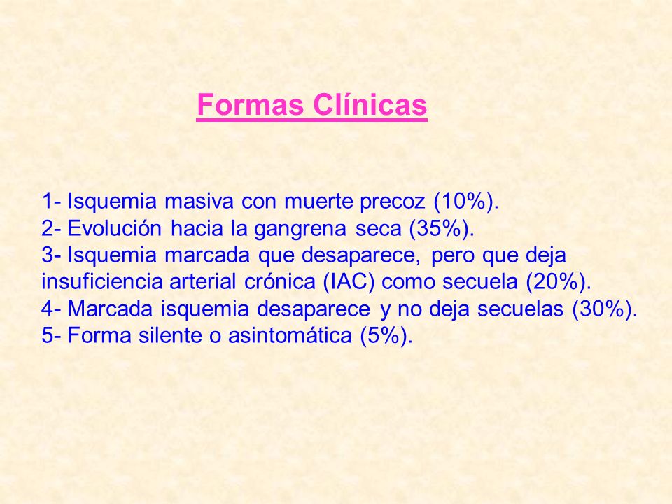 Formas Clínicas 1- Isquemia masiva con muerte precoz (10%).