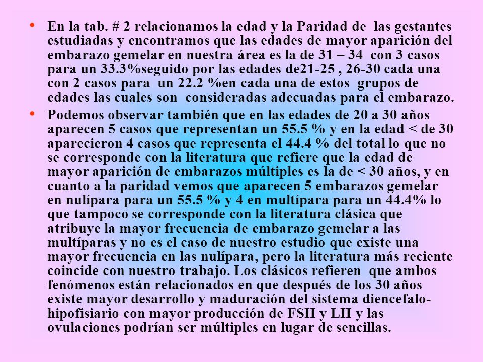 En la tab. # 2 relacionamos la edad y la Paridad de las gestantes estudiadas y encontramos que las edades de mayor aparición del embarazo gemelar en nuestra área es la de 31 – 34 con 3 casos para un 33.3%seguido por las edades de21-25 , cada una con 2 casos para un 22.2 %en cada una de estos grupos de edades las cuales son consideradas adecuadas para el embarazo.