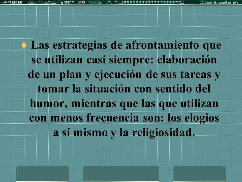 Las estrategias de afrontamiento que se utilizan casi siempre: elaboración de un plan y ejecución de sus tareas y tomar la situación con sentido del humor, mientras que las que utilizan con menos frecuencia son: los elogios a sí mismo y la religiosidad.