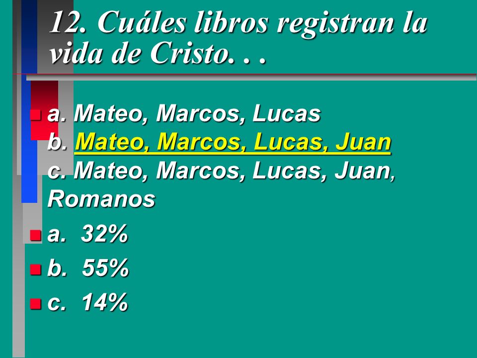 12. Cuáles libros registran la vida de Cristo. . .