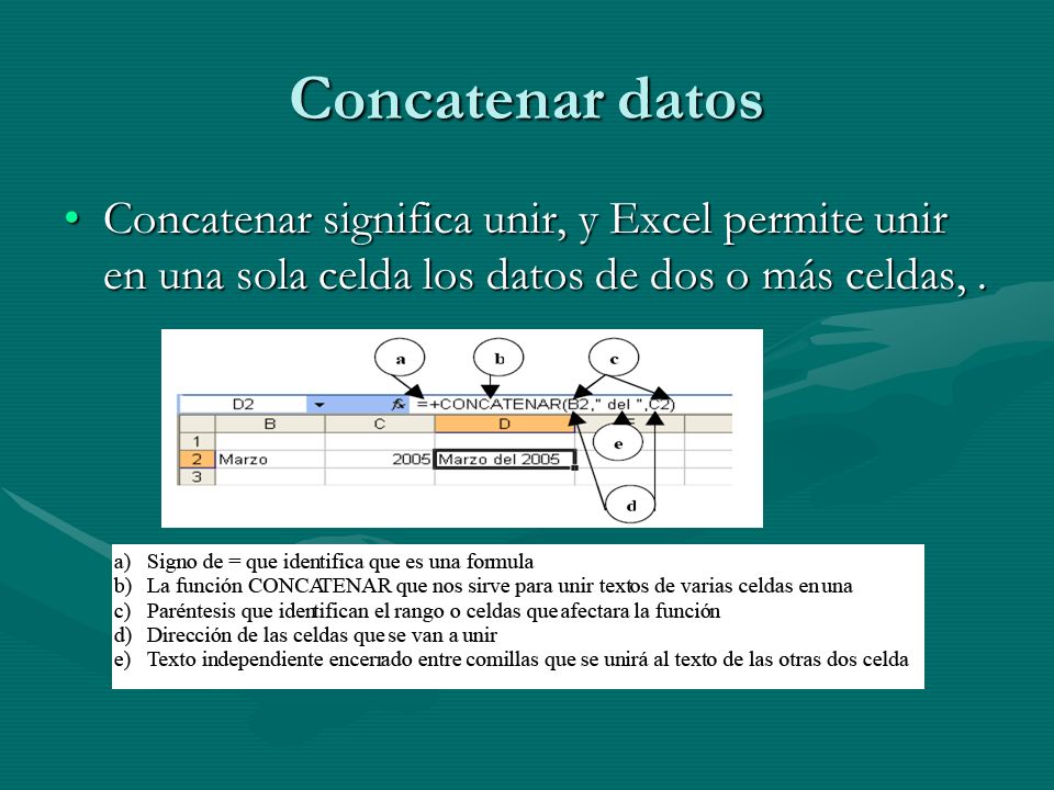 Concatenar datos Concatenar significa unir, y Excel permite unir en una sola celda los datos de dos o más celdas, .