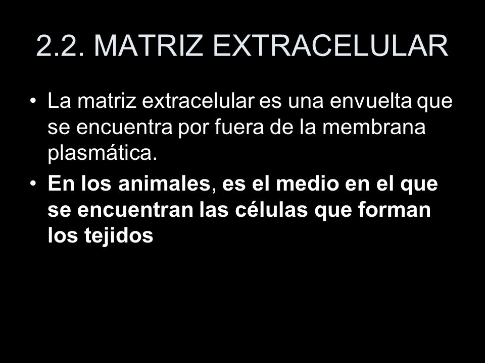 2.2. MATRIZ EXTRACELULAR La matriz extracelular es una envuelta que se encuentra por fuera de la membrana plasmática.