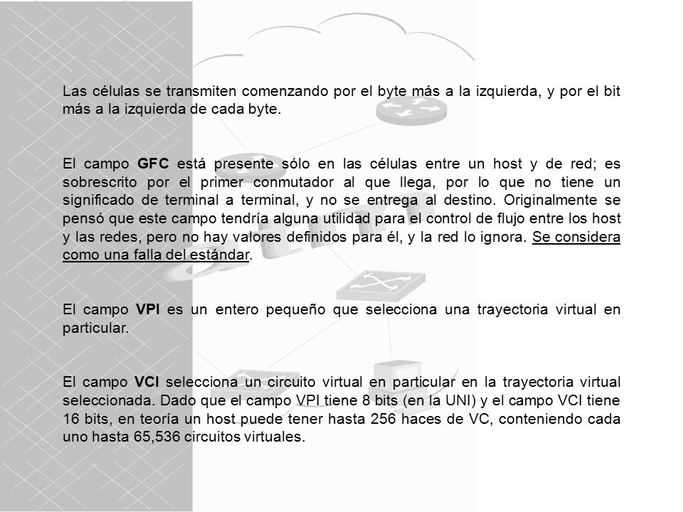 Las células se transmiten comenzando por el byte más a la izquierda, y por el bit más a la izquierda de cada byte.