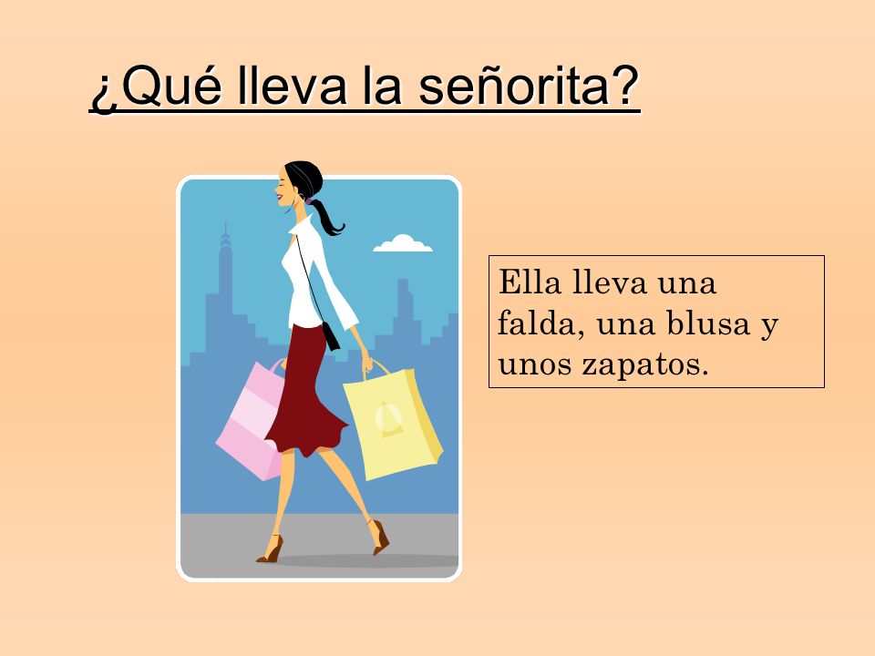 ¿Qué lleva la señorita Ella lleva una falda, una blusa y unos zapatos.