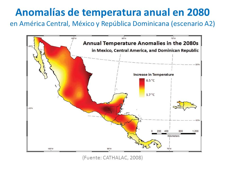 Anomalías de temperatura anual en 2080 en América Central, México y República Dominicana (escenario A2)