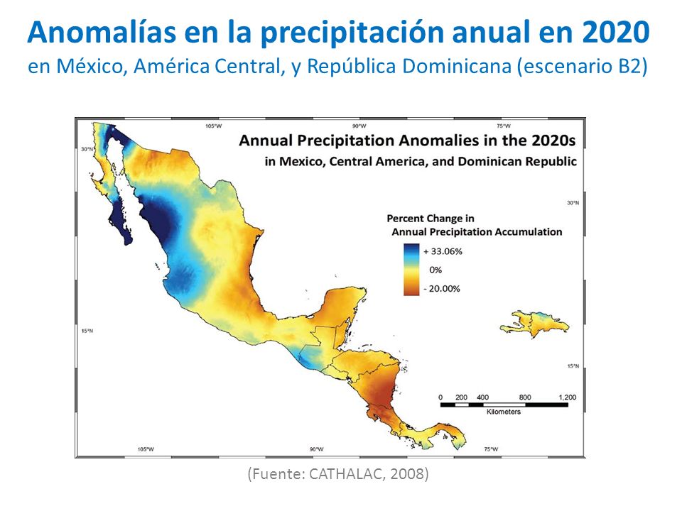 Anomalías en la precipitación anual en 2020 en México, América Central, y República Dominicana (escenario B2)