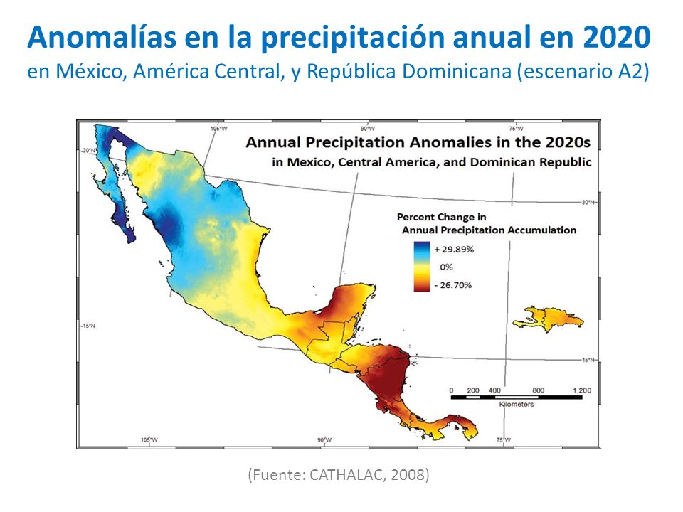 Anomalías en la precipitación anual en 2020 en México, América Central, y República Dominicana (escenario A2)