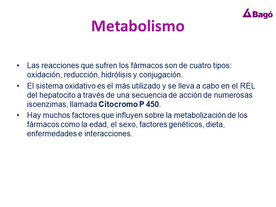 Metabolismo Las reacciones que sufren los fármacos son de cuatro tipos: oxidación, reducción, hidrólisis y conjugación.