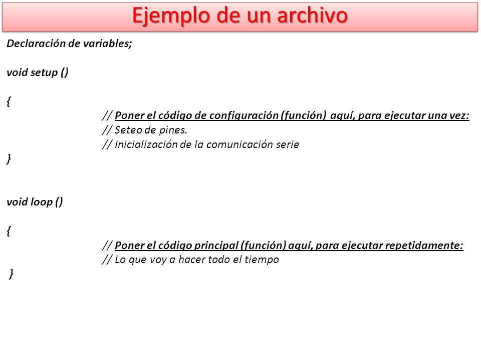Ejemplo de un archivo Declaración de variables; void setup ()