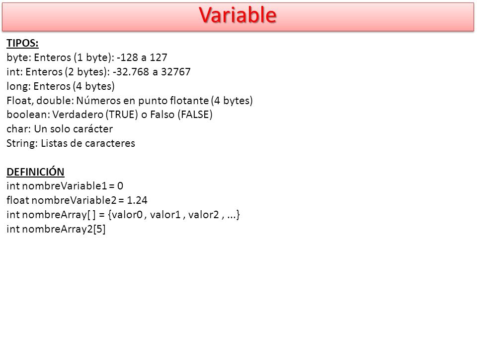 Variable TIPOS: byte: Enteros (1 byte): -128 a 127