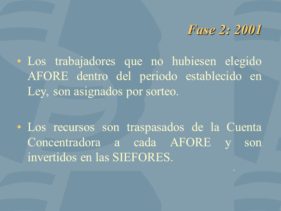 Fase 2: 2001 Los trabajadores que no hubiesen elegido AFORE dentro del periodo establecido en Ley, son asignados por sorteo.
