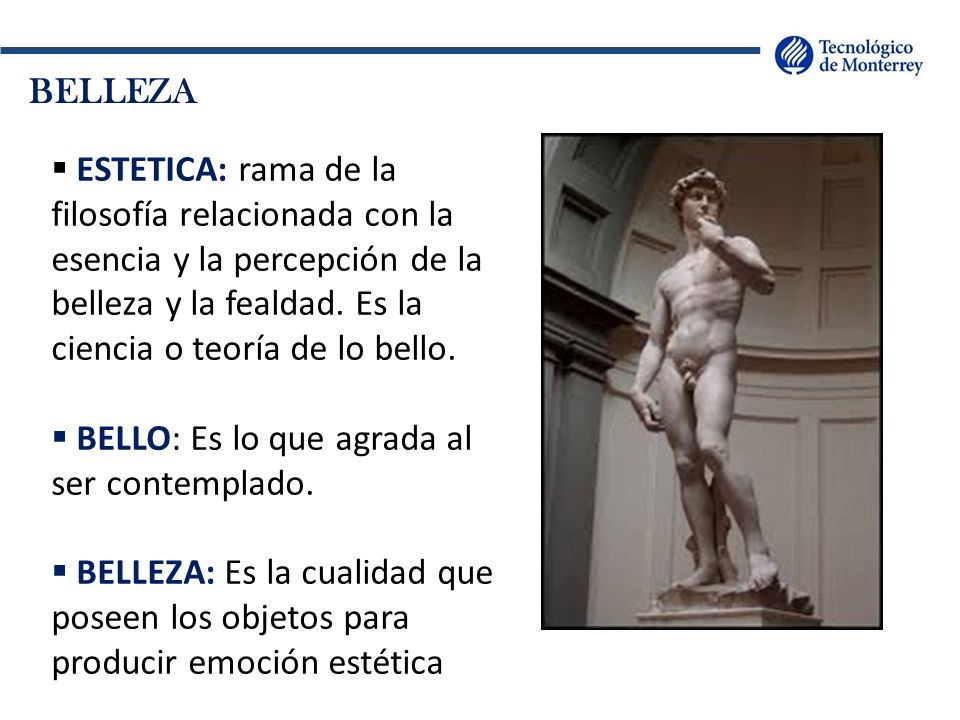 BELLEZA ESTETICA: rama de la filosofía relacionada con la esencia y la percepción de la belleza y la fealdad. Es la ciencia o teoría de lo bello.
