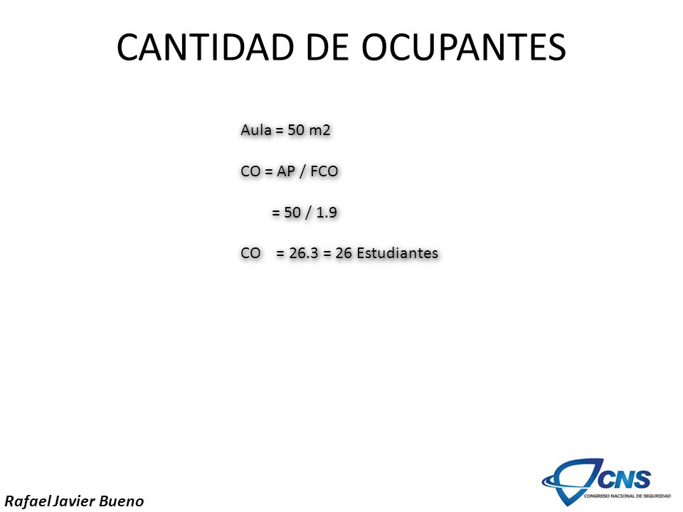 CANTIDAD DE OCUPANTES Aula = 50 m2 CO = AP / FCO = 50 / 1.9