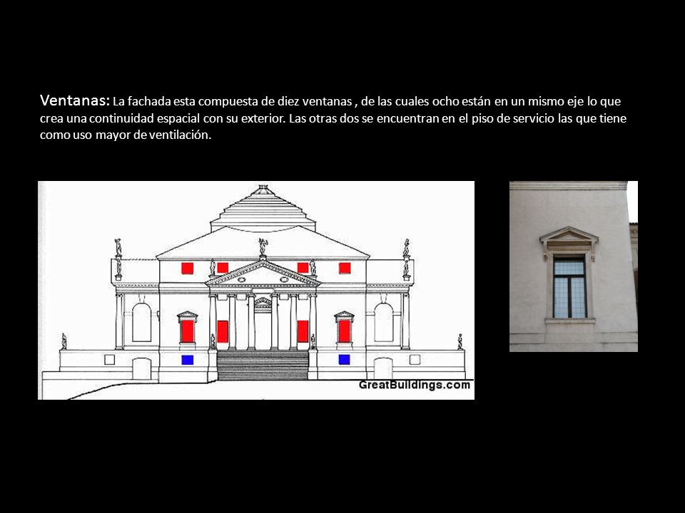 Ventanas: La fachada esta compuesta de diez ventanas , de las cuales ocho están en un mismo eje lo que crea una continuidad espacial con su exterior.