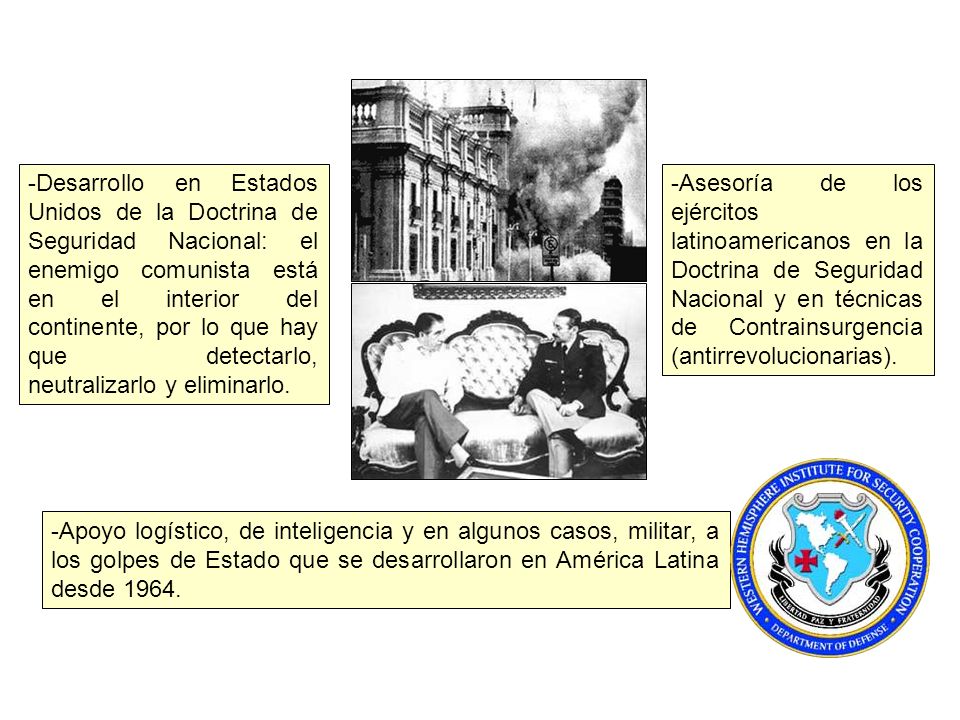 Desarrollo en Estados Unidos de la Doctrina de Seguridad Nacional: el enemigo comunista está en el interior del continente, por lo que hay que detectarlo, neutralizarlo y eliminarlo.