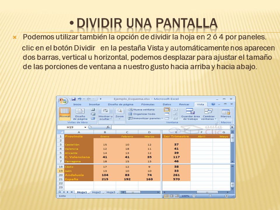Dividir una Pantalla Podemos utilizar también la opción de dividir la hoja en 2 ó 4 por paneles.