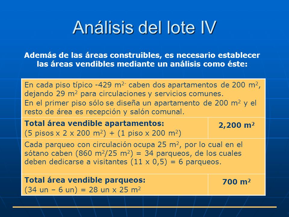 Análisis del lote IV Además de las áreas construibles, es necesario establecer las áreas vendibles mediante un análisis como éste: