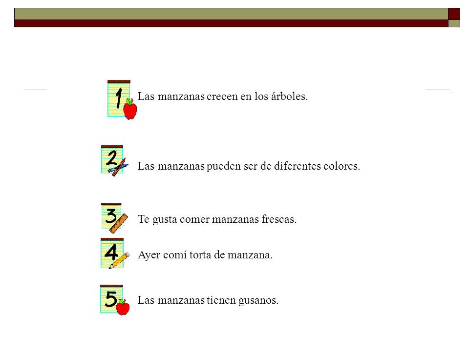 Las manzanas crecen en los árboles. Las manzanas pueden ser de diferentes colores. Te gusta comer manzanas frescas.