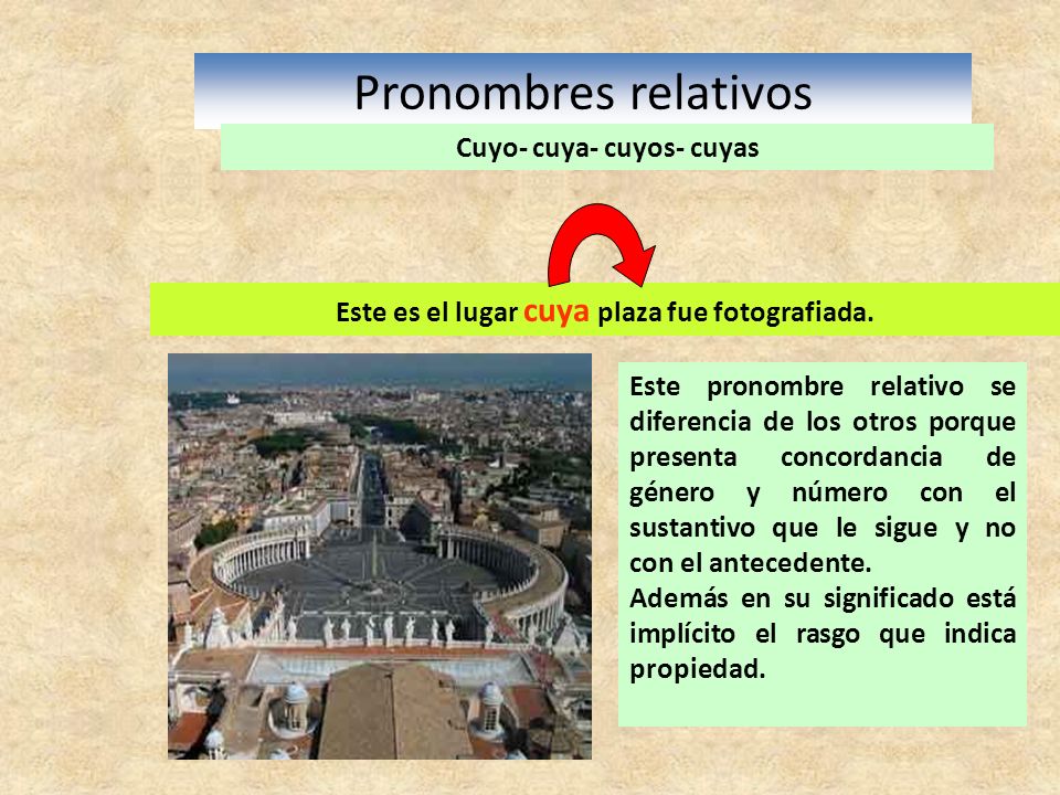Cuyo- cuya- cuyos- cuyas Este es el lugar cuya plaza fue fotografiada.