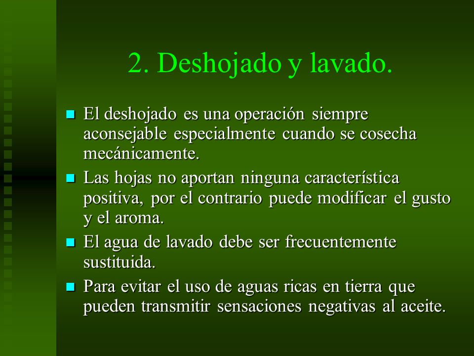2. Deshojado y lavado. El deshojado es una operación siempre aconsejable especialmente cuando se cosecha mecánicamente.