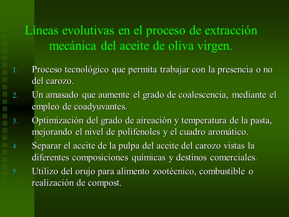 Líneas evolutivas en el proceso de extracción mecánica del aceite de oliva virgen.