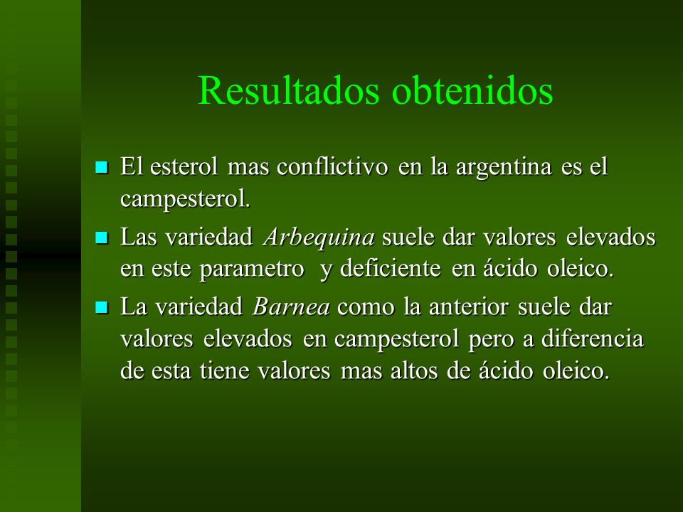 Resultados obtenidos El esterol mas conflictivo en la argentina es el campesterol.