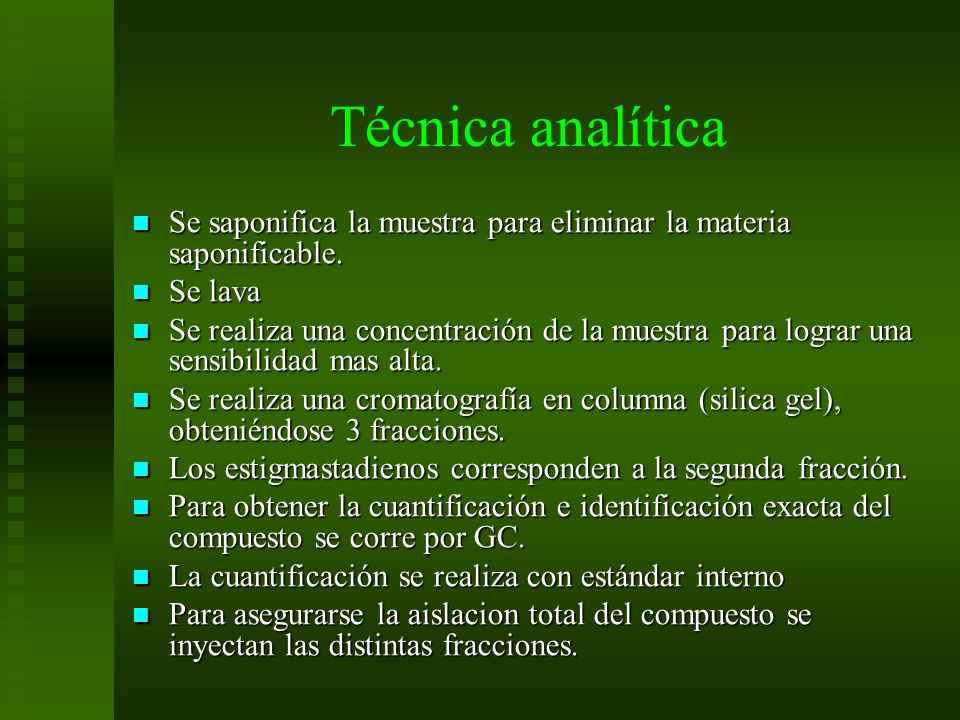 Técnica analítica Se saponifica la muestra para eliminar la materia saponificable. Se lava.