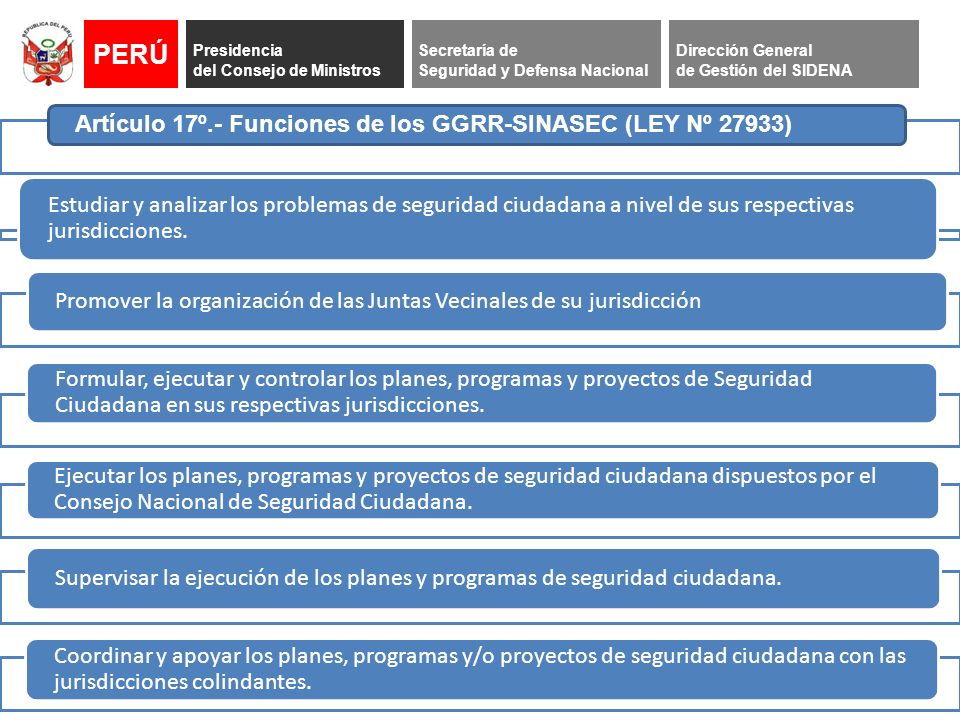 PERÚ Artículo 17º.- Funciones de los GGRR-SINASEC (LEY Nº 27933)