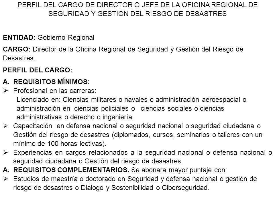 PERFIL DEL CARGO DE DIRECTOR O JEFE DE LA OFICINA REGIONAL DE SEGURIDAD Y GESTION DEL RIESGO DE DESASTRES